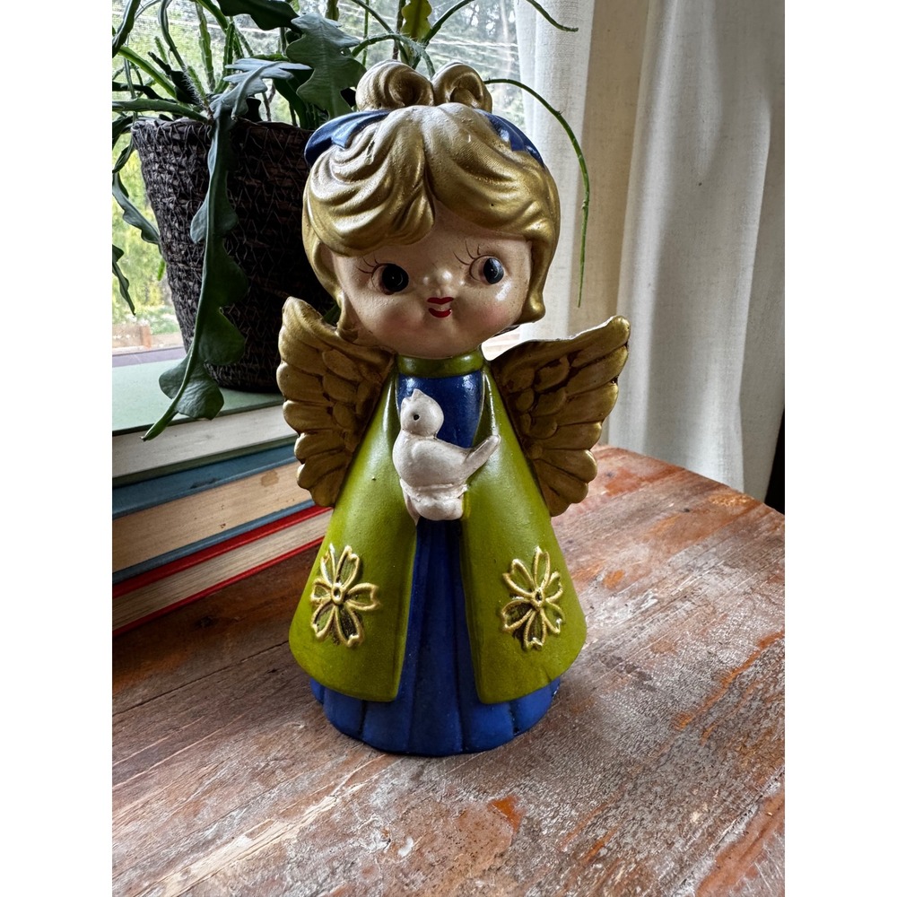 Vintage Holt Howard Ceramic Angel Figurine Blonde Gold Wings Dove Blue Green